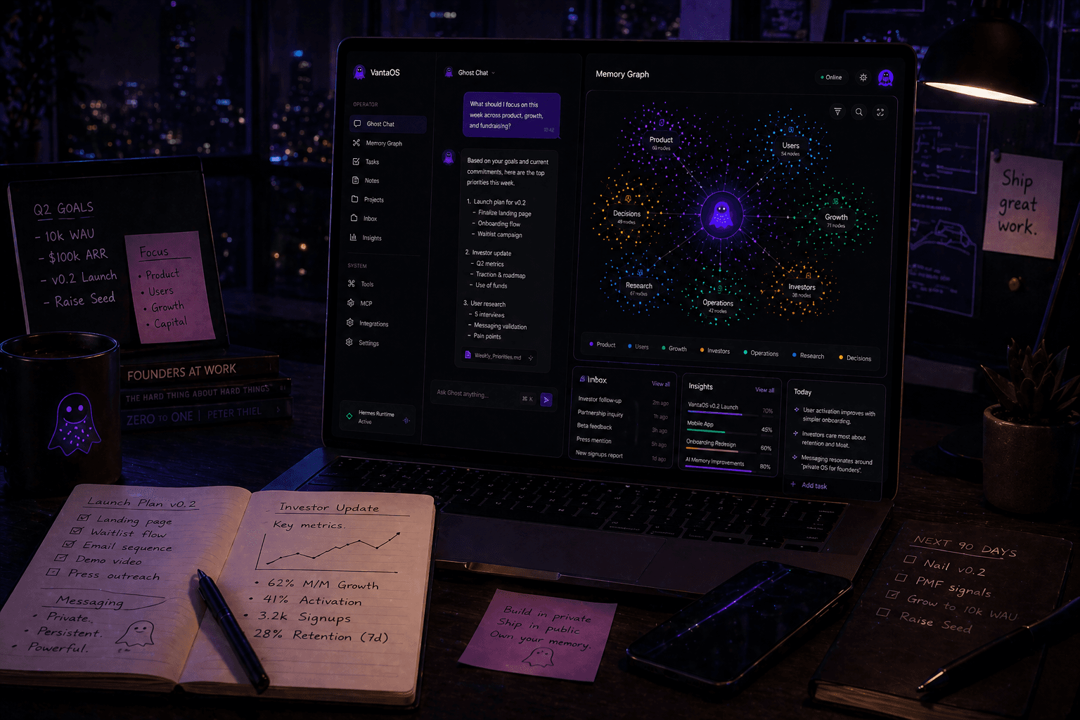 Cinematic abstract founder operator workspace with connected product signals