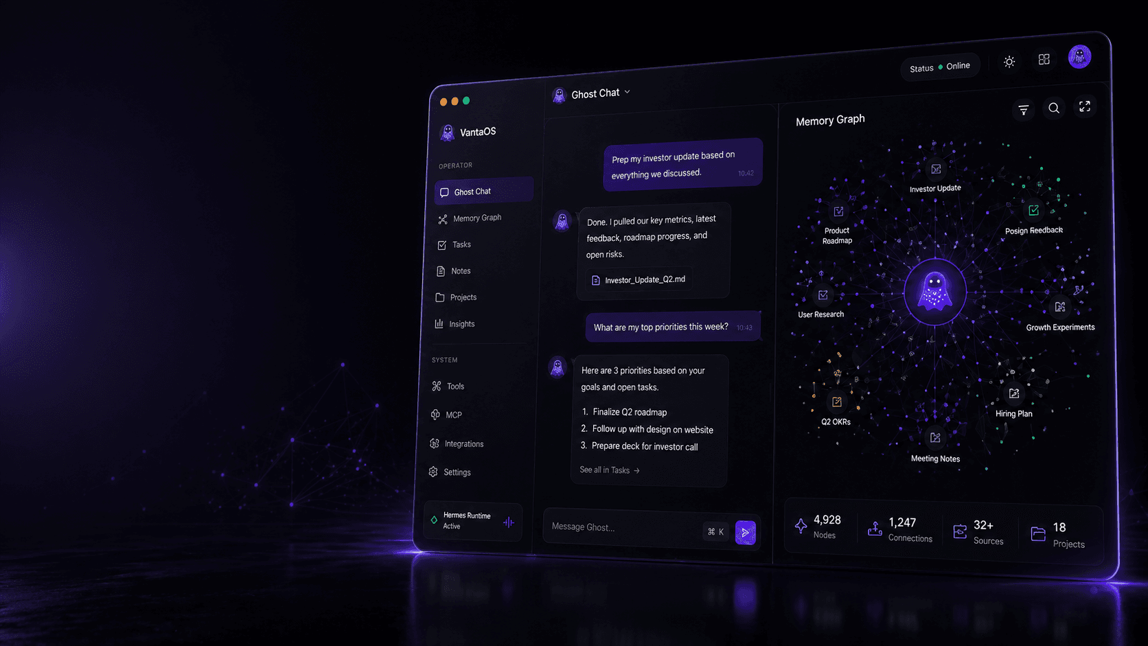 VantaOS Ghost dashboard with chat and dense memory graph